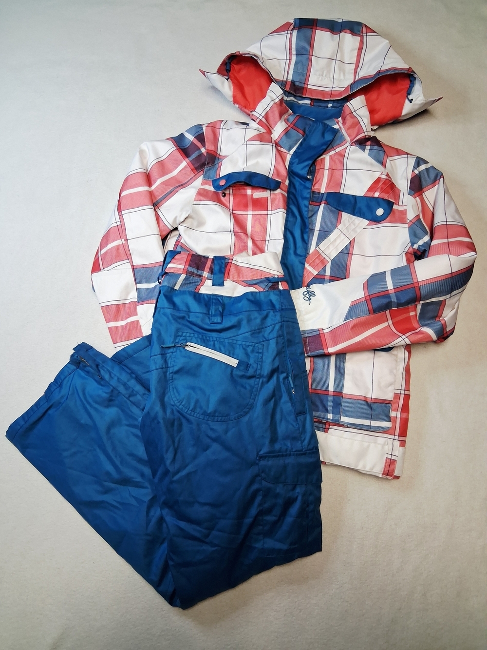 Women's Red & Blue Plaid Ski Jacket with Blue Snow Pants
